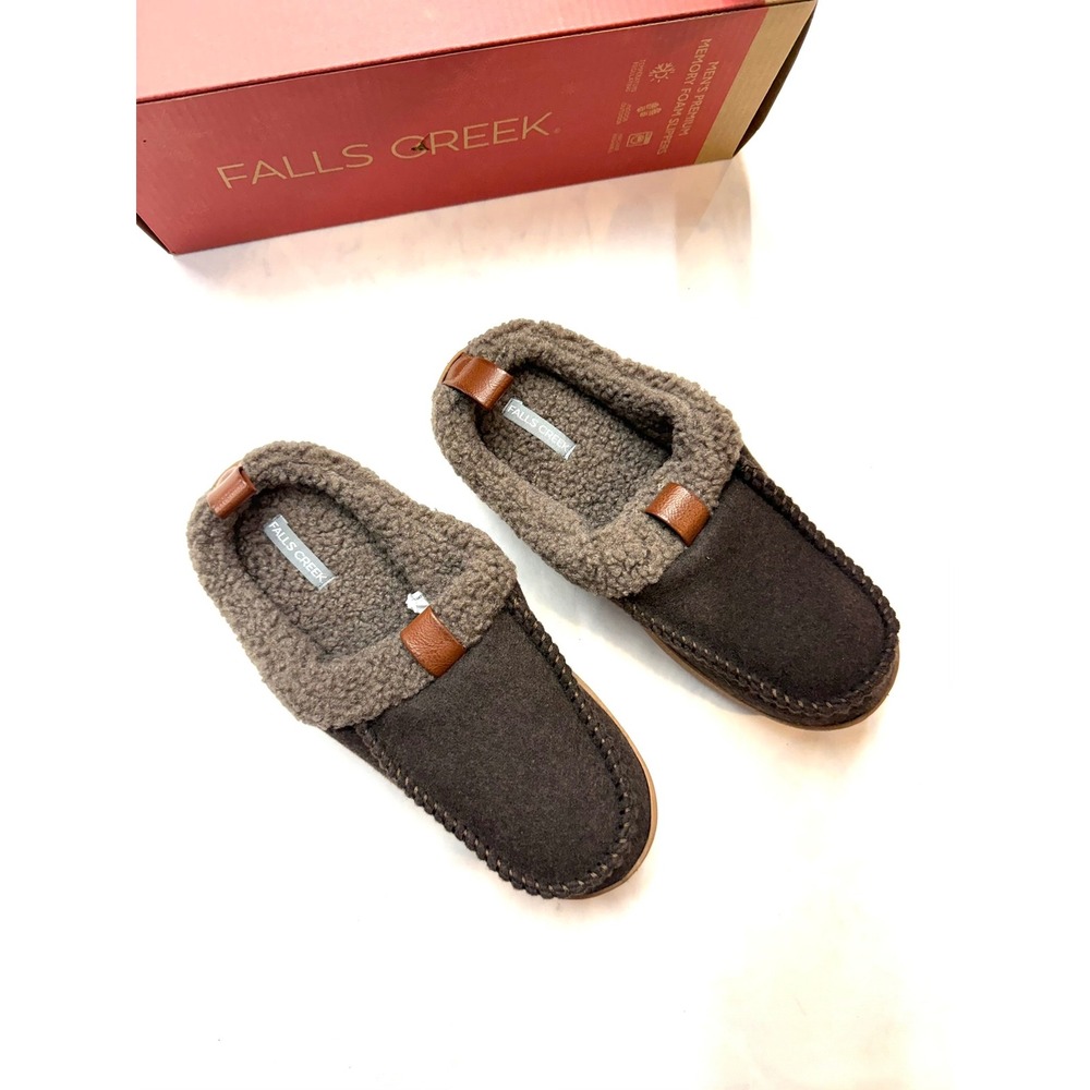 FALLS CREEK $30 New Mens Medium 9-10 Memory Foam Slip Brown Tan Slippers #44